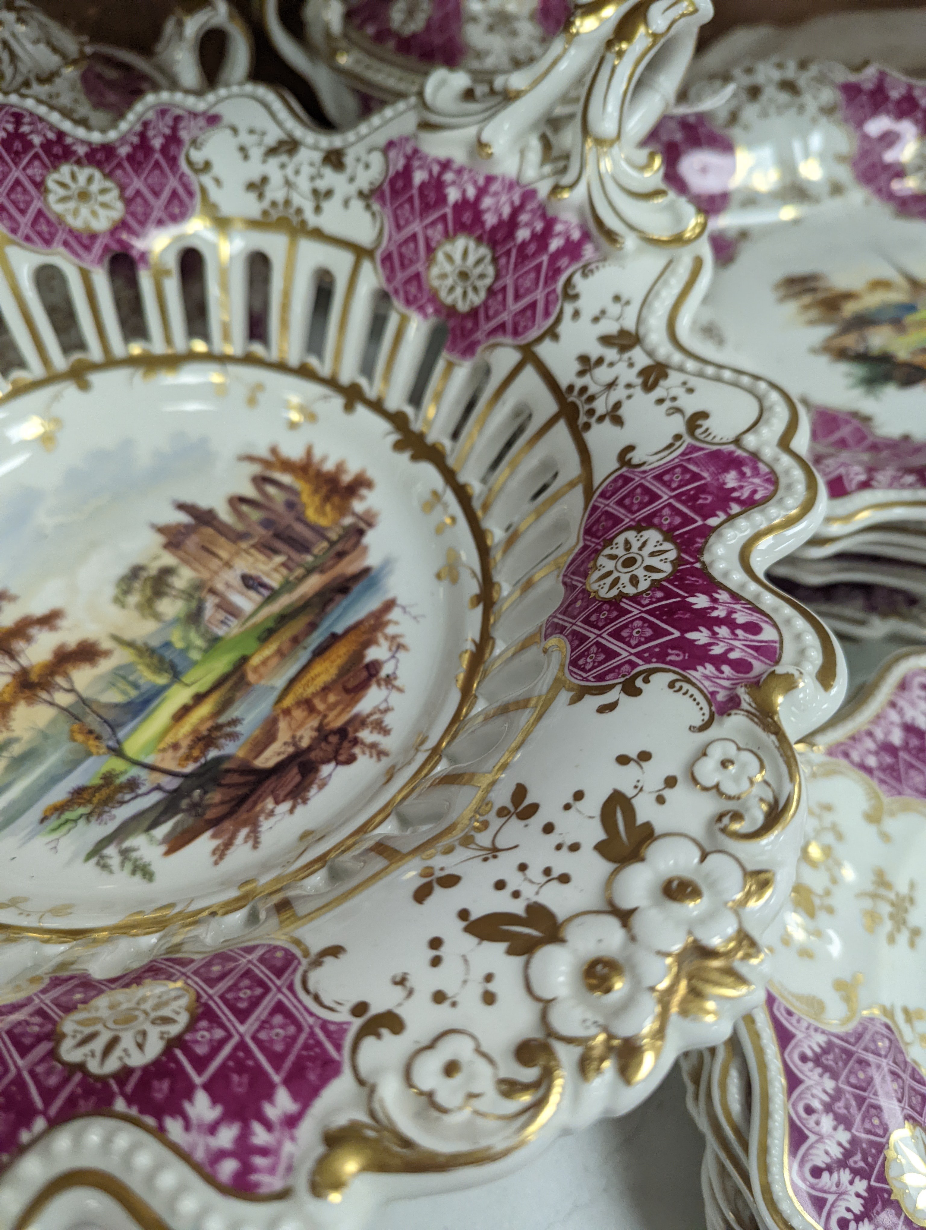 A Ridgways porcelain topographical part dessert service, c.1835, pattern number 2168, the sauce tureens and covers pattern number 2179